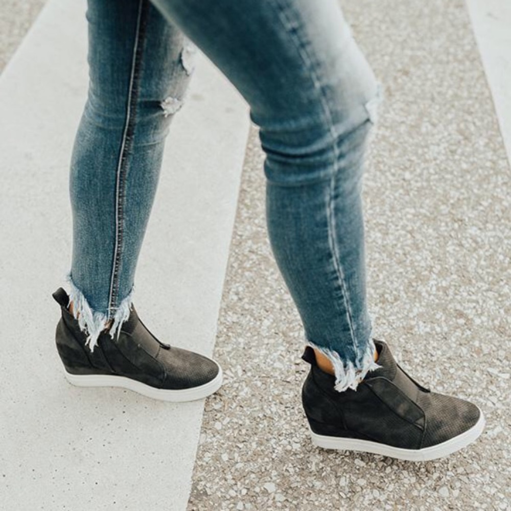 Tegan | Faux Suede Pinhole Wedge Sneakers | Black - Picture 2 of 7